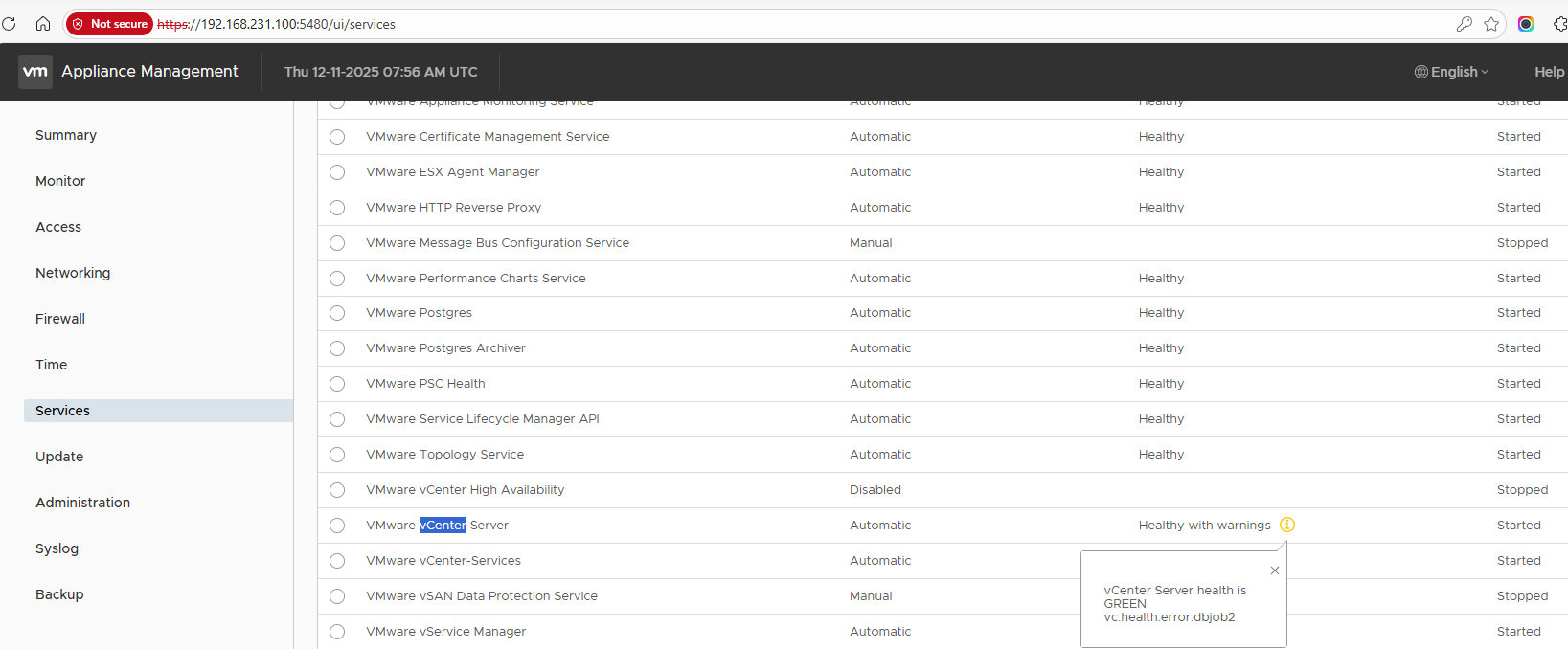 VAMI Services: Checking vCenter Server service health