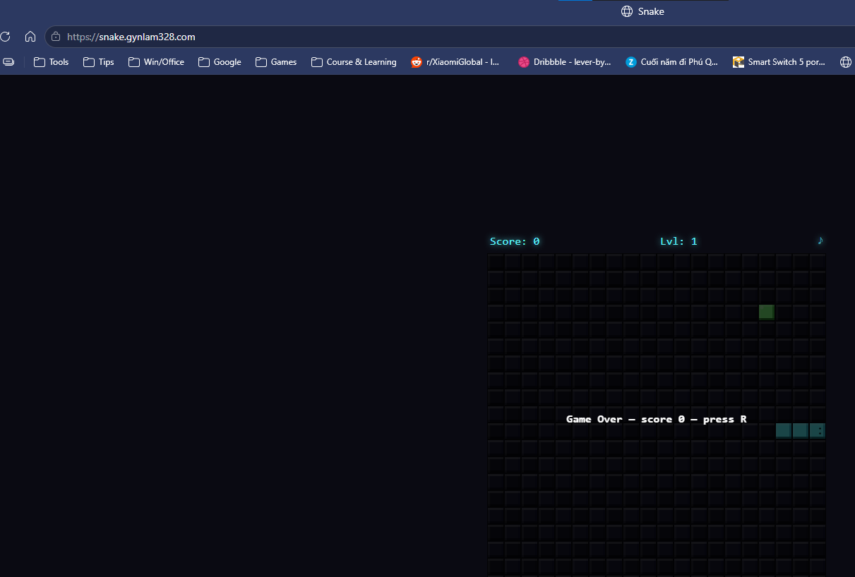 Browser successfully loading the Snake Game application at snake.gynlam328.com