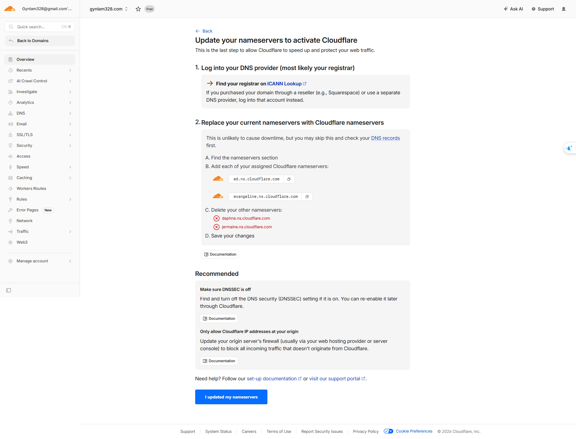 Update your nameservers page with instructions and I updated my nameservers confirmation button