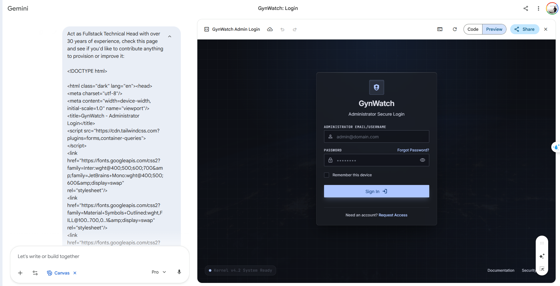 Screenshot of Gemini Pro editing the exported HTML code from Google Stitch